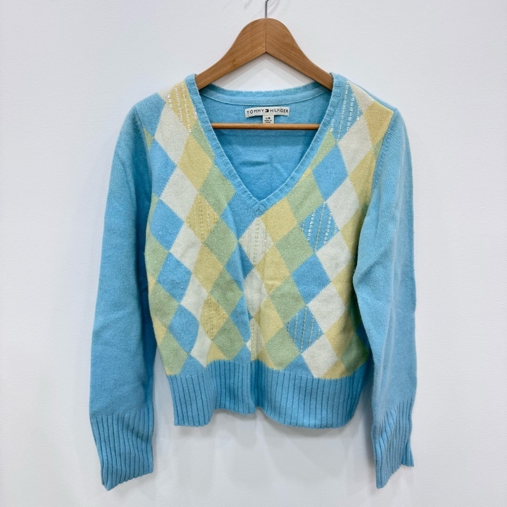 Vtg Y2K Tommy Hilfiger Argyle Sequin Sweater Sequins lambswool angora Large